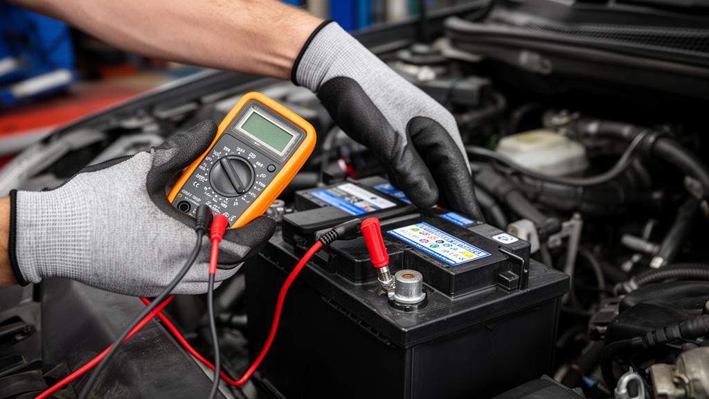 Técnico de Grúas Cortes revisando batería de auto en Santiago